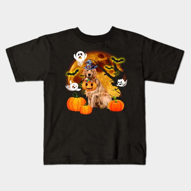 Golden Retriever Witch Pumpkin Ghost Halloween Costume Kids T-Shirt by Margaretsantana